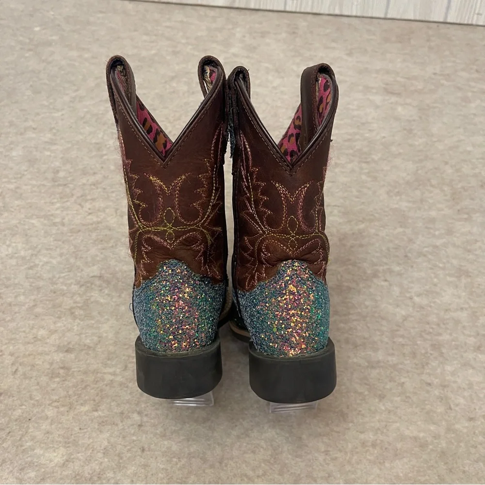 Shyanne Glitter Blue Teal Brown Square Toe Western Cowgirl Boots Girls Size 12